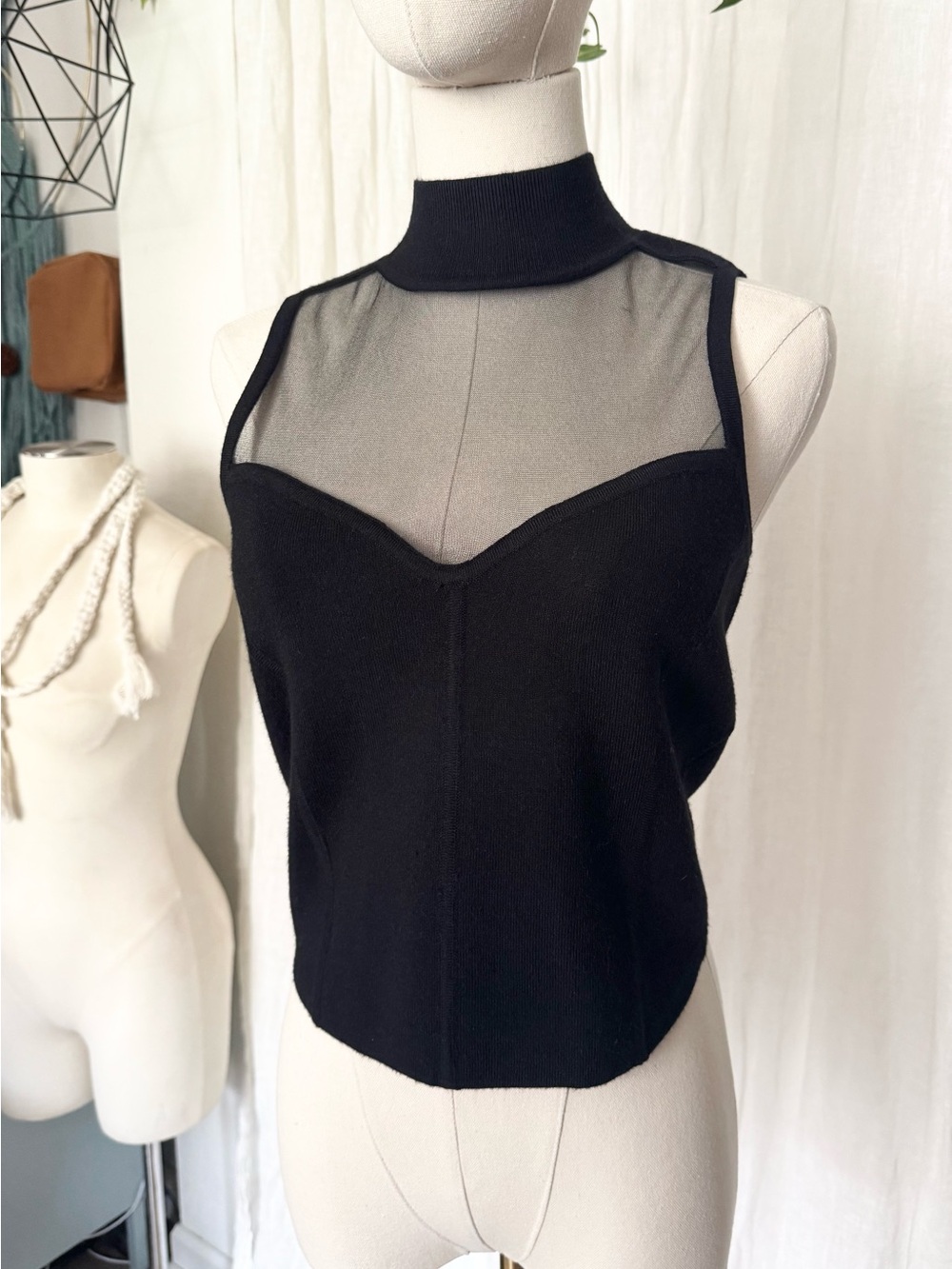 Anthropologie Black Sheer-Panel Mock Neck Tank